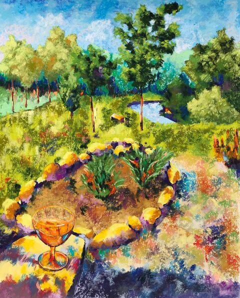 Le Verre au Jardin Pastel sec sur papier base aquarelle H49,5xL39,5